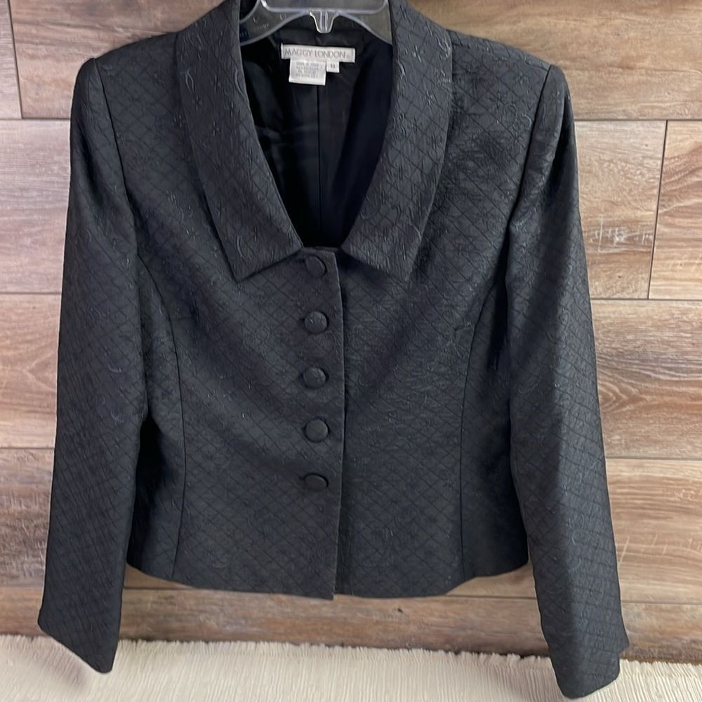 KASPER  Wool Blend Black Tailored Swiss Dot Velvet Trim Jacket Blazer Size 14 - Picture 3 of 8